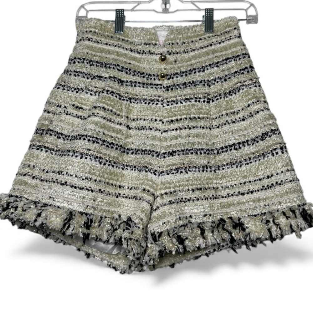 Elegant Wool Blend Golden High Waist Festive Striped Fringe Shorts in Size L